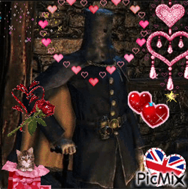 a picture of a man and a cat with hearts around them and the word picmix at the bottom