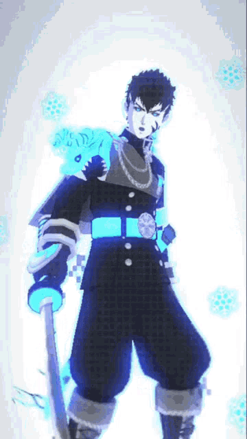 a cartoon character is holding a sword and wearing a blue belt
