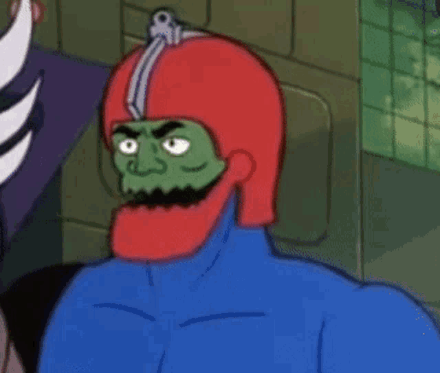 a cartoon character with a beard and a red helmet is looking at the camera .