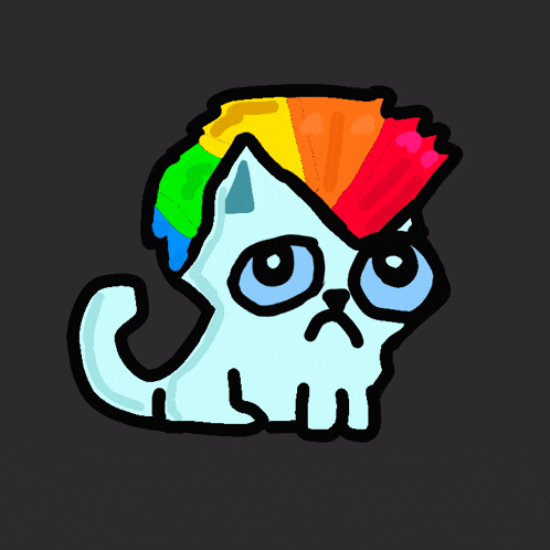 a drawing of a cat with sunglasses and a rainbow on his head