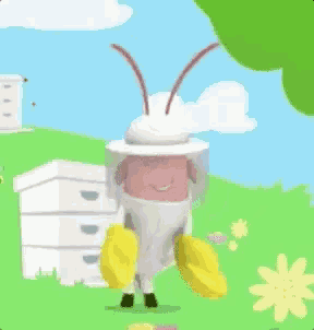 a cartoon sheep dressed as a beekeeper holding a beehive