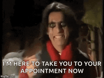 a man in a red scarf is saying `` i 'm here to take you to your appointment now ''