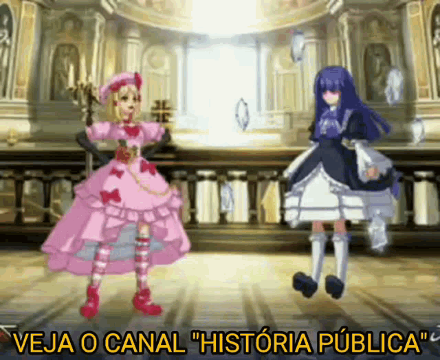 two anime girls are dancing in a room with the words veja o canal historia publica written on the bottom