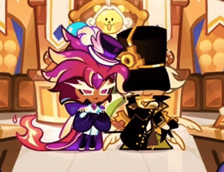 two cartoon characters standing next to each other in front of a throne