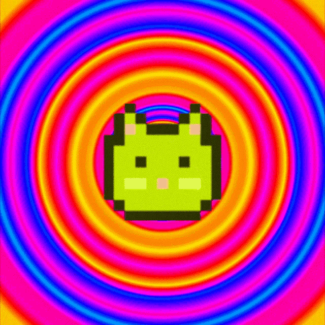 a green pixel cat is surrounded by a rainbow colored circle