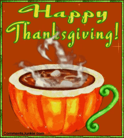 a happy thanksgiving greeting card with a cup of coffee