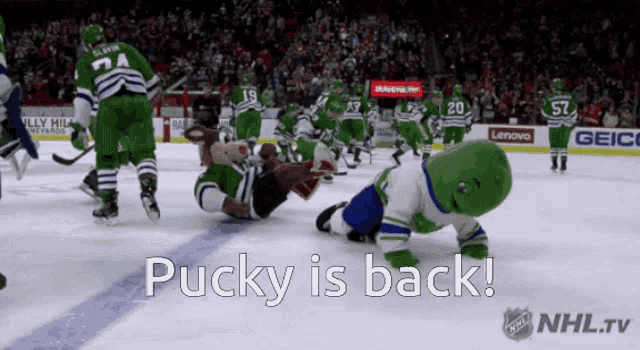 a hockey player is laying on the ice with the words pucky is back above him