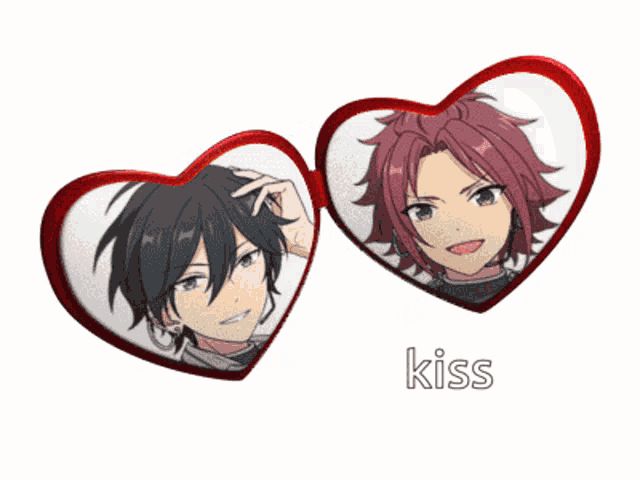 two anime characters in heart shaped frames with the word kiss underneath