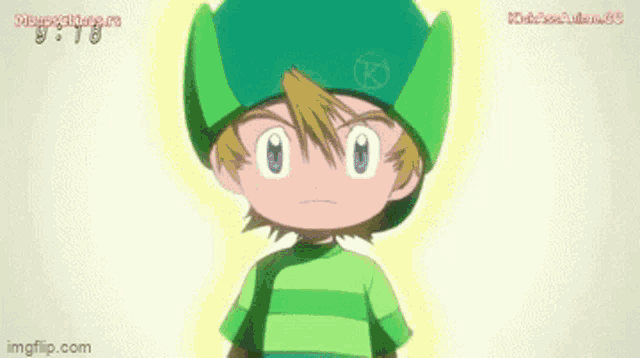 a cartoon character wearing a green hat and a green shirt is standing in front of a white background .