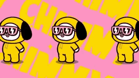 three cartoon characters are standing next to each other on a pink background .