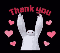 a cartoon character is holding up his arms and saying thank you surrounded by pink hearts .