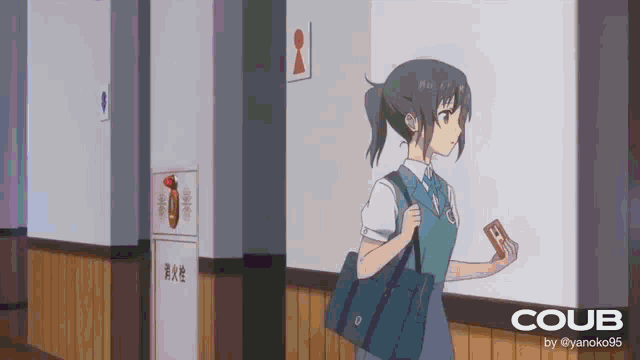 a girl is walking down a hallway with a coub logo on the bottom right