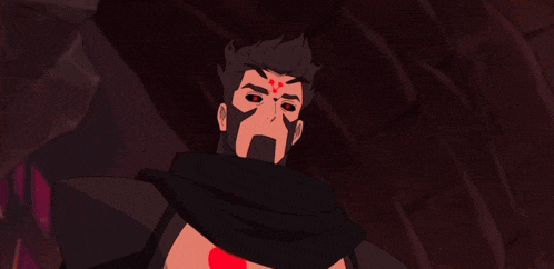 a man with a scarf around his neck has red eyes