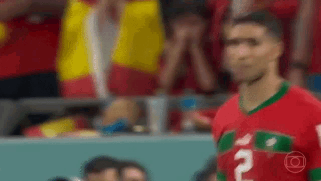 a soccer player in a red and green jersey is standing on a field .