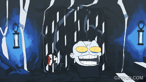 a cartoon of a man in a cave with a gifrun.com logo