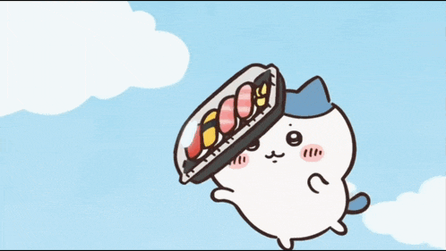 a cartoon cat is flying in the air with a tray of sushi in the background