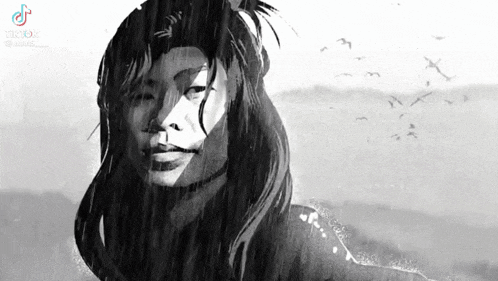 a black and white drawing of a woman with long hair standing in the rain .