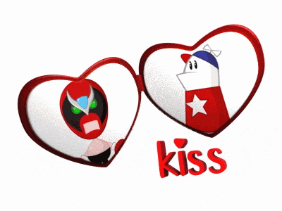two hearts with a cartoon character and the word kiss