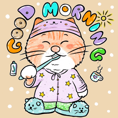 a cartoon of a cat brushing its teeth with the words " good morning " surrounding it