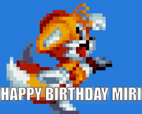 a pixel art drawing of a horse with the words happy birthday miri below it