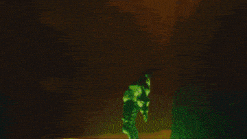 a group of people are standing in a foggy area with a green light behind them