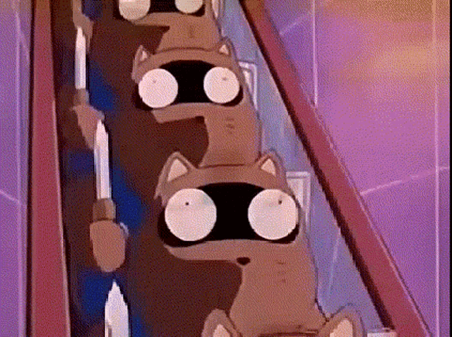 a bunch of cartoon cats are standing next to each other on a conveyor belt .