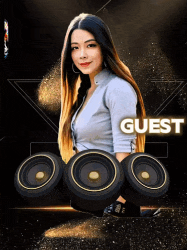 a woman is surrounded by speakers and the word guest is visible