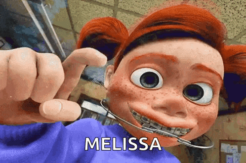 a cartoon character with braces on her teeth and the name melissa on the bottom