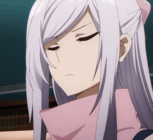 a girl with long white hair and a pink scarf around her neck has her eyes closed