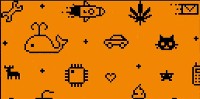 an orange background with black pixelated icons including a skull