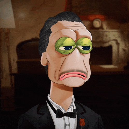 a cartoon drawing of a man in a tuxedo with frog eyes