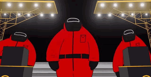 three cartoon characters in red suits are standing next to each other in a room .