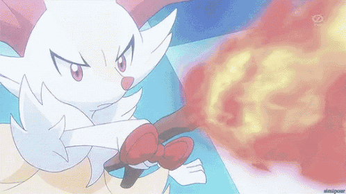 a cartoon character is holding a sword and a flame is coming out of it 's mouth .