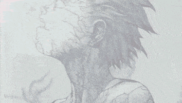 a black and white drawing of a man with a beard and ear buds on his ears .
