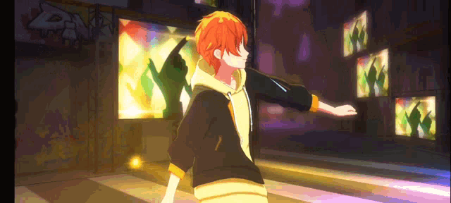 a boy with orange hair is dancing in front of a sign that says pv