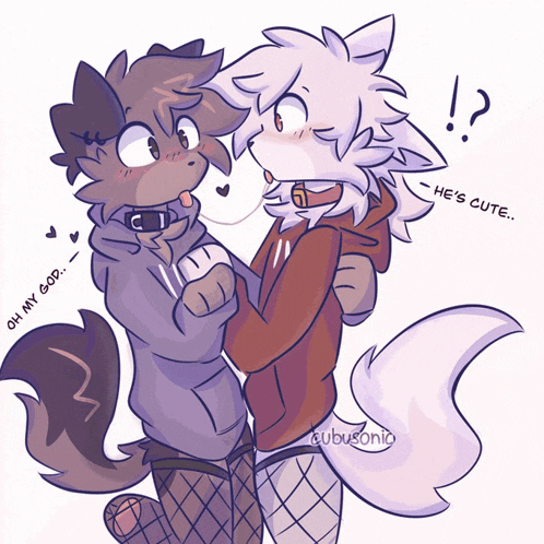 a drawing of two furry characters with one saying he 's cute and the other saying oh my god