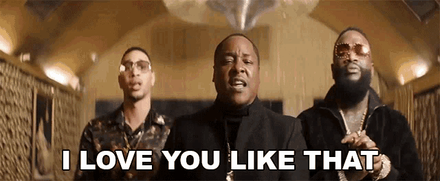 a group of men standing next to each other with the words " i love you like that "