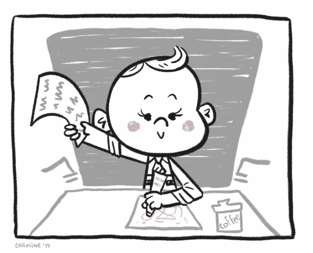 a black and white drawing of a baby sitting at a desk with a cup of coffee on it
