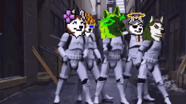 a group of stormtroopers are walking down the street