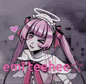 a drawing of a girl with pink hair and the name emi teehee on the bottom