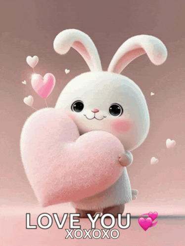 a bunny holding a pink heart with the words love you xoxox on it