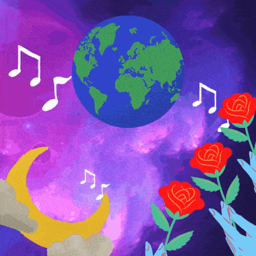 a drawing of a crescent moon roses and music notes with a globe in the background