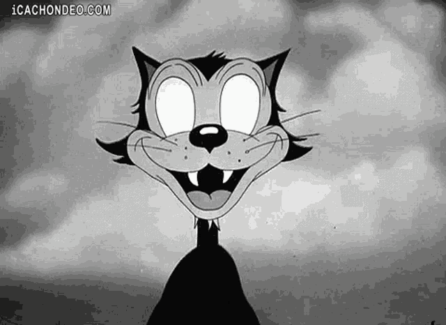 a black and white cartoon cat with glowing eyes is smiling in a black and white photo .