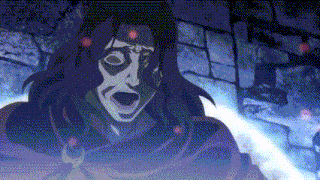 a cartoon character with a mask on his face is screaming in a dark room .