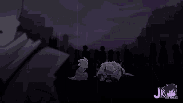 a bunch of purple ghosts are floating in the air with the letters jk on the bottom