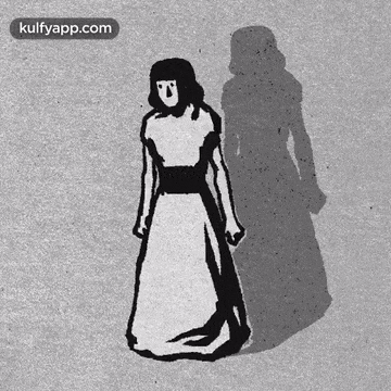 a black and white drawing of a woman in a white dress and her shadow .