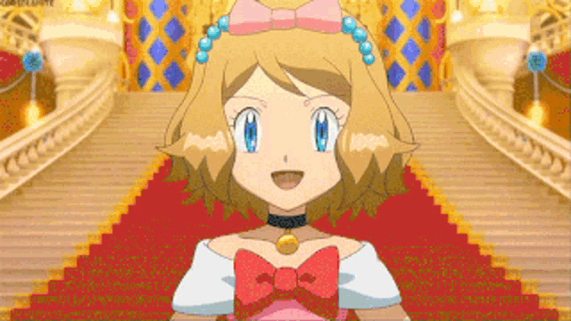 a girl in a pink dress is standing on a red carpet in front of stairs