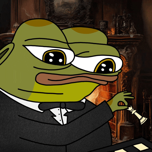 a cartoon frog in a tuxedo holding a chess piece