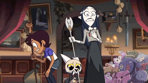 a couple of cartoon characters standing next to each other with one holding a stick