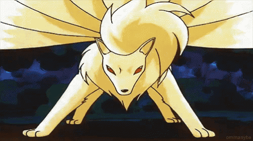 a cartoon drawing of a fox with red eyes and a long tail